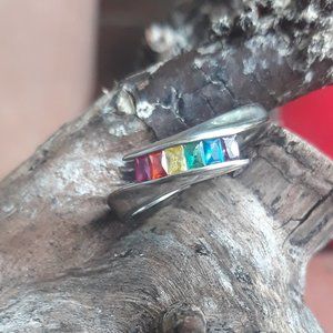 Colorful Stamped 925 Sterling Ring Sz 9